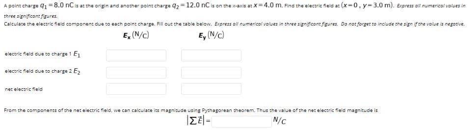 A point charge qı =8.0 nCis at the origin and another point charge q2 = 12.0 nC is on the x-axis at X = 4.0 m. Find the electric field at (x=0, y=3.0 m). Express oll numerical values in
three significant figures.
Calculate the electric field component due to each point charge. Fill out the table below. Express all numericol values in three significant figures. Do not forget to include the sign if the value is negotive.
E, (N/c)
E, (N/c)
electric field due to charge 1 Ei
electric field due to charge 2 E,
net electric field
From the components of the net electric field, we can calculate its magnitude using Pythagorean theorem. Thus the value of the net electric field magnitude is
N/C
