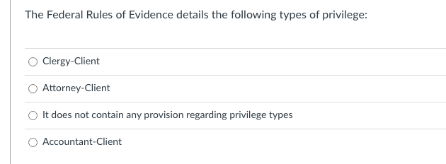 The Federal Rules of Evidence details the following types of privilege:
Clergy-Client
Attorney-Client
It does not contain any provision regarding privilege types
Accountant-Client