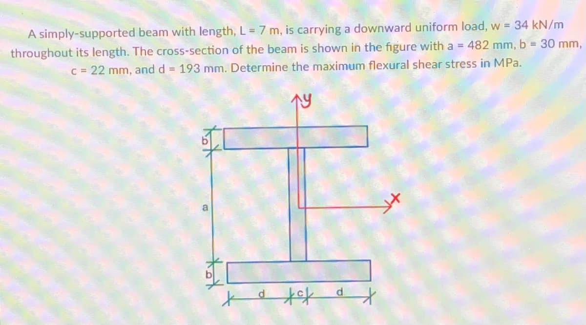 A simply-supported beam with length, L = 7 m, is carrying a downward uniform load, w = 34 kN/m
throughout its length. The cross-section of the beam is shown in the figure with a = 482 mm, b = 30 mm,
c = 22 mm, and d = 193 mm. Determine the maximum flexural shear stress in MPa.
14
a fof
d
d
*