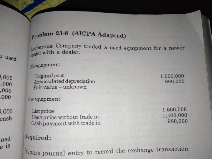 Problem 23-8 (AICPA Adapted)
Lecherous Company traded a used equipment for a newer
model with a dealer.
e used
Old equipment:
,000
,000
000
000
Original cost
Accumulated depreciation
Fair value - unknown
1,000,000
600,000
New equipment:
0,000
cash
List price
Cash price without trade in
Cash payment with trade in
1,600,000
1,400,000
980,000
Ened
Required:
e is
repare journal entry to record the exchange transaction.
