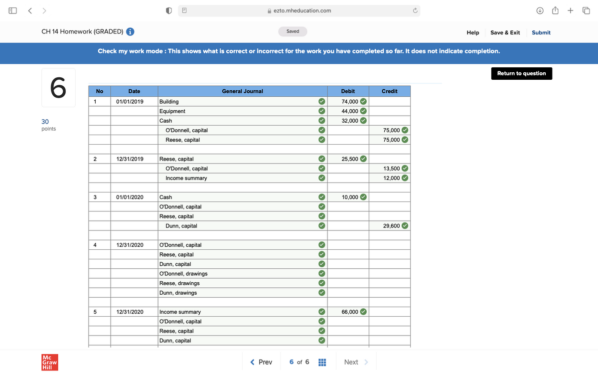 < >
A ezto.mheducation.com
CH 14 Homework (GRADED) 6
Saved
Help
Save & Exit
Submit
Check my work mode : This shows what is correct or incorrect for the work you have completed so far. It does not indicate completion.
Return to question
6.
No
Date
General Journal
Debit
Credit
1
01/01/2019
Building
74,000
Equipment
44,000 O
30
Cash
32,000
points
O'Donnell, capital
75,000
Reese, capital
75,000
2
12/31/2019
Reese, capital
25,500
O'Donnell, capital
13,500
Income summary
12,000 O
3
01/01/2020
Cash
10,000
O'Donnell, capital
Reese, capital
Dunn, capital
29,600
4
12/31/2020
O'Donnell, capital
Reese, capital
Dunn, capital
O'Donnell, drawings
Reese, drawings
Dunn, drawings
12/31/2020
Income summary
66,000
O'Donnell, capital
Reese, capital
Dunn, capital
Mc
Graw
Hill
< Prev
6 of 6
Next
O00 0000 000 000 000O
