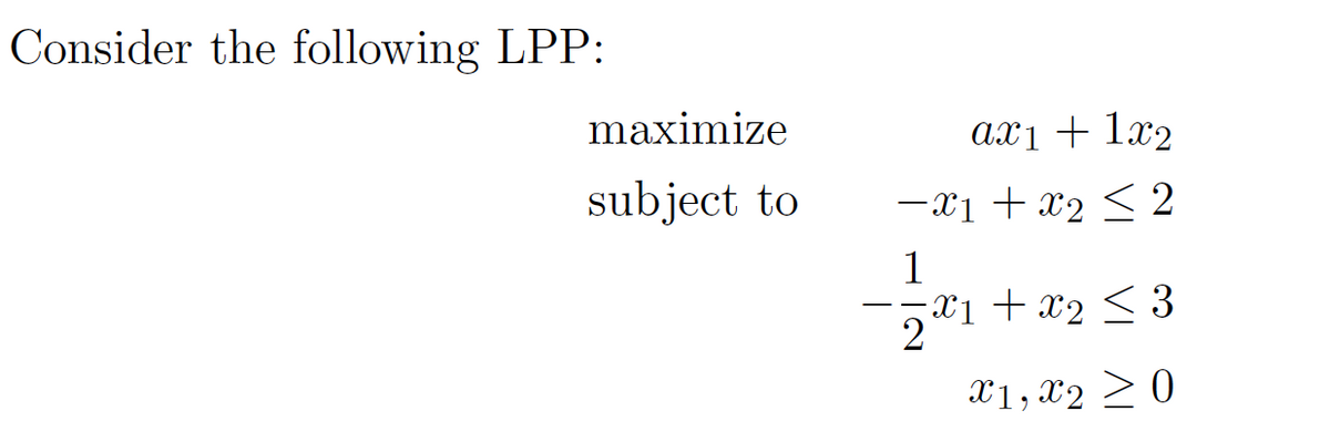 Consider the following LPP:
maximize
subject to
ax₁ + 1x₂
−X1 + X2 ≤ 2
1
21
5x1 + x₂ ≤ 3
x1,x2₂0