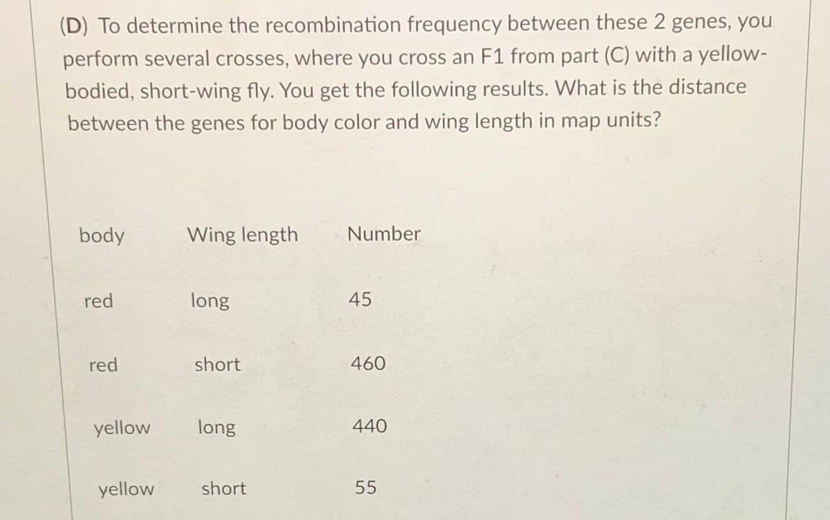 (D) To determine the recombination frequency between these 2 genes, you
perform several crosses, where you cross an F1 from part (C) with a yellow-
bodied, short-wing fly. You get the following results. What is the distance
between the genes for body color and wing length in map units?
body
Wing length
Number
red
long
45
red
short
460
yellow
long
440
yellow
short
55
