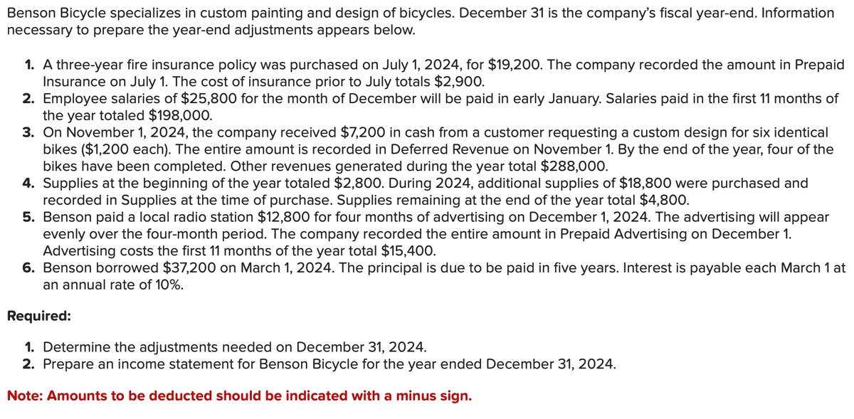 Benson Bicycle specializes in custom painting and design of bicycles. December 31 is the company's fiscal year-end. Information
necessary to prepare the year-end adjustments appears below.
1. A three-year fire insurance policy was purchased on July 1, 2024, for $19,200. The company recorded the amount in Prepaid
Insurance on July 1. The cost of insurance prior to July totals $2,900.
2. Employee salaries of $25,800 for the month of December will be paid in early January. Salaries paid in the first 11 months of
the year totaled $198,000.
3. On November 1, 2024, the company received $7,200 in cash from a customer requesting a custom design for six identical
bikes ($1,200 each). The entire amount is recorded in Deferred Revenue on November 1. By the end of the year, four of the
bikes have been completed. Other revenues generated during the year total $288,000.
4. Supplies at the beginning of the year totaled $2,800. During 2024, additional supplies of $18,800 were purchased and
recorded in Supplies at the time of purchase. Supplies remaining at the end of the year total $4,800.
5. Benson paid a local radio station $12,800 for four months of advertising on December 1, 2024. The advertising will appear
evenly over the four-month period. The company recorded the entire amount in Prepaid Advertising on December 1.
Advertising costs the first 11 months of the year total $15,400.
6. Benson borrowed $37,200 on March 1, 2024. The principal is due to be paid in five years. Interest is payable each March 1 at
an annual rate of 10%.
Required:
1. Determine the adjustments needed on December 31, 2024.
2. Prepare an income statement for Benson Bicycle for the year ended December 31, 2024.
Note: Amounts to be deducted should be indicated with a minus sign.
