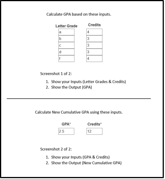 Calculate GPA based on these inputs.
Letter Grade
Credits
4
3
a
b
C
3
3
4
Screenshot 1 of 2:
1. Show your Inputs (Letter Grades & Credits)
2. Show the Output (GPA)
Calculate New Cumulative GPA using these inputs.
GPA"
Credits"
2.5
12
Screenshot 2 of 2:
1. Show your Inputs (GPA & Credits)
2. Show the Output (New Cumulative GPA)
