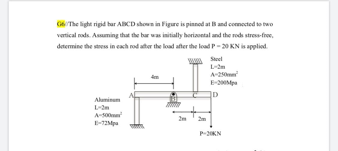 G6//The light rigid bar ABCD shown in Figure is pinned at B and connected to two
vertical rods. Assuming that the bar was initially horizontal and the rods stress-free,
determine the stress in each rod after the load after the load P 20 KN is applied.
Steel
L=2m
A=250mm
4m
E=200Mpa
Aluminum
L=2m
A=500mm
2m
2m
E-72Mра
P=20KN
