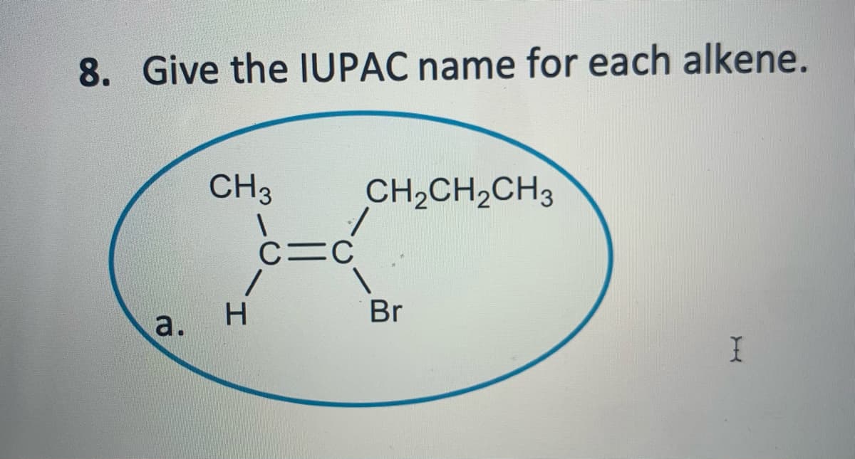 8. Give the IUPAC name for each alkene.
CH3
CH2CH,CH3
Br
а.
