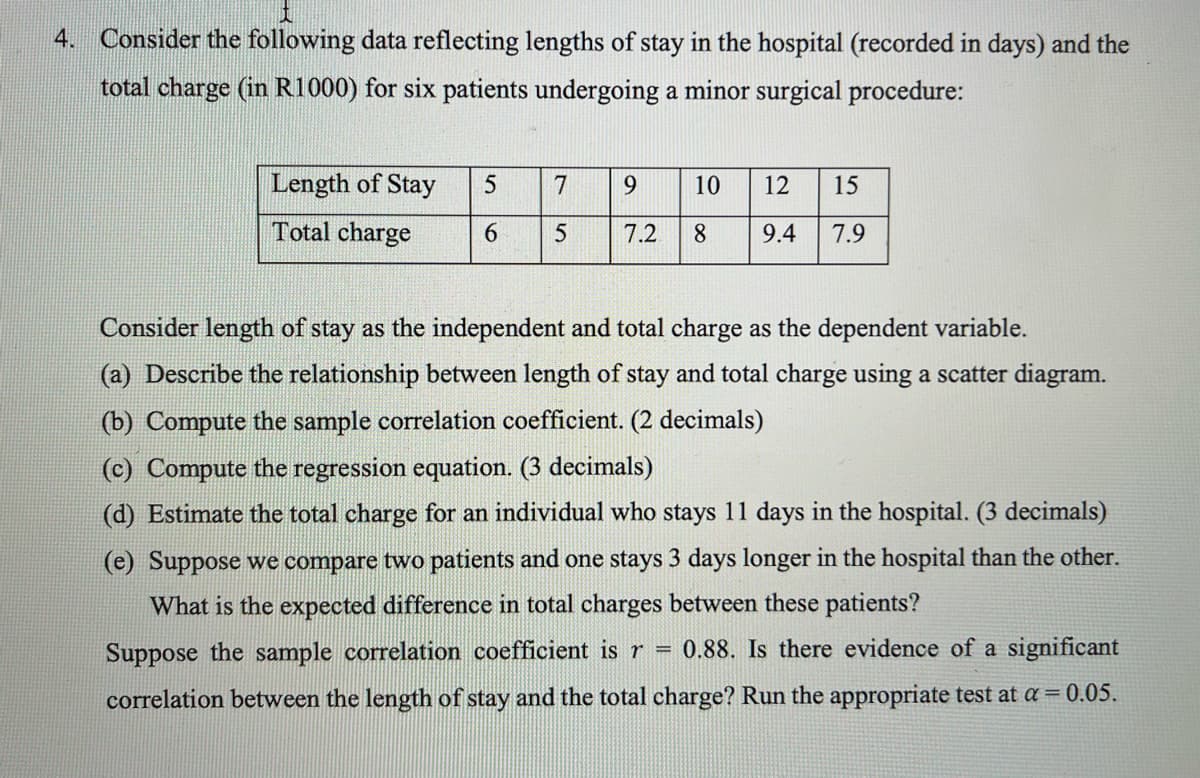 4. Consider the following data reflecting lengths of stay in the hospital (recorded in days) and the
total charge (in R1000) for six patients undergoing a minor surgical procedure:
Length of Stay
7
10
12
15
Total charge
7.2
9.4
7.9
Consider length of stay as the independent and total charge as the dependent variable.
(a) Describe the relationship between length of stay and total charge using a scatter diagram.
(b) Compute the sample correlation coefficient. (2 decimals)
(c) Compute the regression equation. (3 decimals)
(d) Estimate the total charge for an individual who stays 11 days in the hospital. (3 decimals)
(e) Suppose we compare two patients and one stays 3 days longer in the hospital than the other.
What is the expected difference in total charges between these patients?
Suppose the sample correlation coefficient is r =
0.88. Is there evidence of a significant
correlation between the length of stay and the total charge? Run the appropriate test at a = 0.05.
