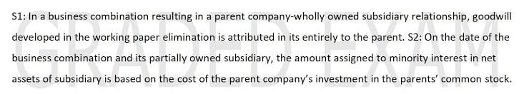 S1: In a business combination resulting in a parent company-wholly owned subsidiary relationship, goodwill
developed in the working paper elimination is attributed in its entirely to the parent. S2: On the date of the
business combination and its partially owned subsidiary, the amount assigned to minority interest in net
assets of subsidiary is based on the cost of the parent company's investment in the parents' common stock.
