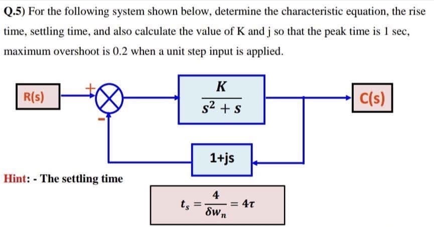 Q.5) For the following system shown below, determine the characteristic equation, the rise
time, settling time, and also calculate the value of K and j so that the peak time is 1 sec,
maximum overshoot is 0.2 when a unit step input is applied.
K
C(s)
R(s)
s2 + s
1+js
Hint: The settling time
4
%3D
ts
= 4T
8wn
