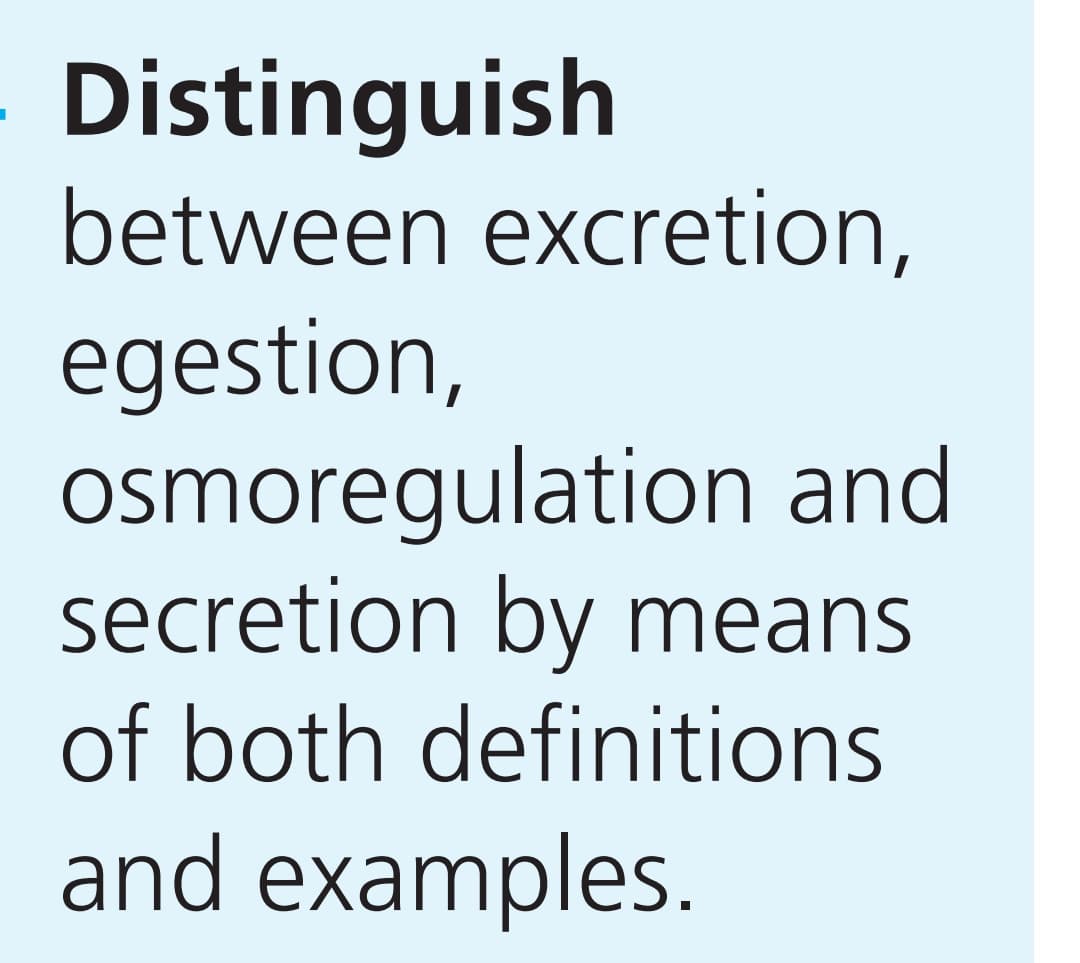 Distinguish
between excretion,
egestion,
osmoregulation and
secretion by means
of both definitions
and examples.
