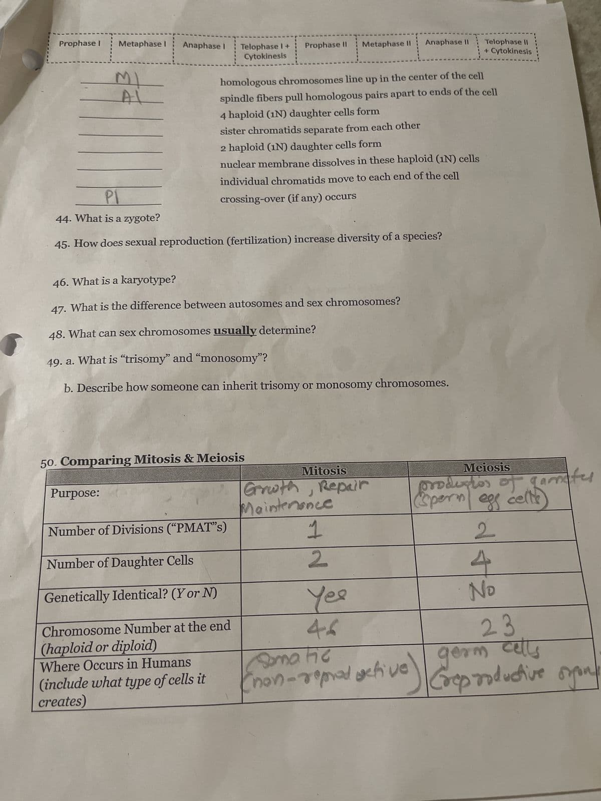 2 rounds of division
36. How many divisions occur during meiosis? Is this the same as mitosis?
37. The original cell in meiosis is
short-hand for this term is 2N or 2n.
38. How many daughter cells are produced by meiosis?
39. The daughter cells after meiosis are
homologous pairs.
1
with chromosomes in homologous pairs. The
with in chromosomes. There are
40. Compare and contrast oogenesis and spermatogenesis by filling out this table.
Making sperm is called: Spermatogensis
Making an egg is called:
oogensis
formed in a human gonad called a
and is The parent cell is called a
formed in a human gonad called an
and is
The parent cell is called a
介
sperm
polar bodies
that get
reabsorbed
egg (ovum)
Describe the difference in meiosis when a human egg and sperm are made:
41. If a diploid cell containing 28 chromosomes undergoes meiosis, how many chromosomes wil
daughter cell have?
42. Describe two ways to meiosis creates diversity in gametes:
(1)
(2)