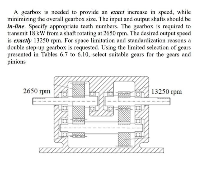 A gearbox is needed to provide an exact increase in speed, while
minimizing the overall gearbox size. The input and output shafts should be
in-line. Specify appropriate teeth numbers. The gearbox is required to
transmit 18 kW from a shaft rotating at 2650 rpm. The desired output speed
is exactly 13250 rpm. For space limitation and standardization reasons a
double step-up gearbox is requested. Using the limited selection of gears
presented in Tables 6.7 to 6.10, select suitable gears for the gears and
pinions
2650 rpm
13250 rpm