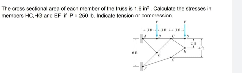 The cross sectional area of each member of the truss is 1.6 in?. Calculate the stresses in
members HC,HG and EF if P = 250 lb. Indicate tension or compression.
- 3 ft--3 ft - 3 ft-
A
B
2 ft
I 4ft
6 ft
E
F
