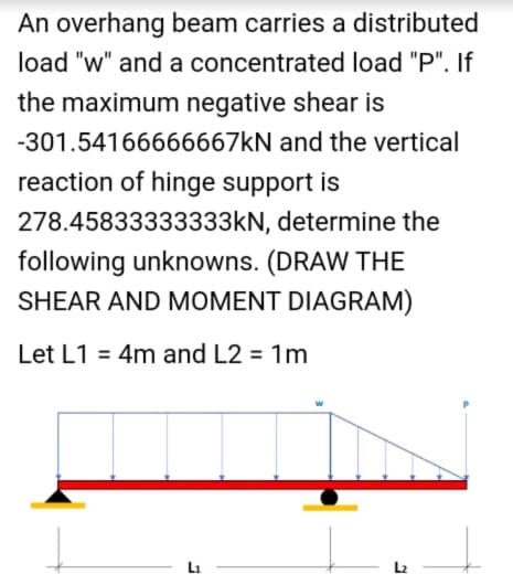 An overhang beam carries a distributed
load "w" and a concentrated load "P". If
the maximum negative shear is
-301.54166666667KN and the vertical
reaction of hinge support is
278.45833333333KN, determine the
following unknowns. (DRAW THE
SHEAR AND MOMENT DIAGRAM)
Let L1 = 4m and L2 = 1m
Li
L2
