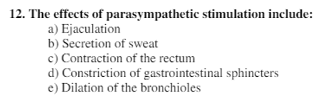 12. The effects of parasympathetic stimulation include:
a) Ejaculation
b) Secretion of sweat
c) Contraction of the rectum
d) Constriction of gastrointestinal sphincters
e) Dilation of the bronchioles