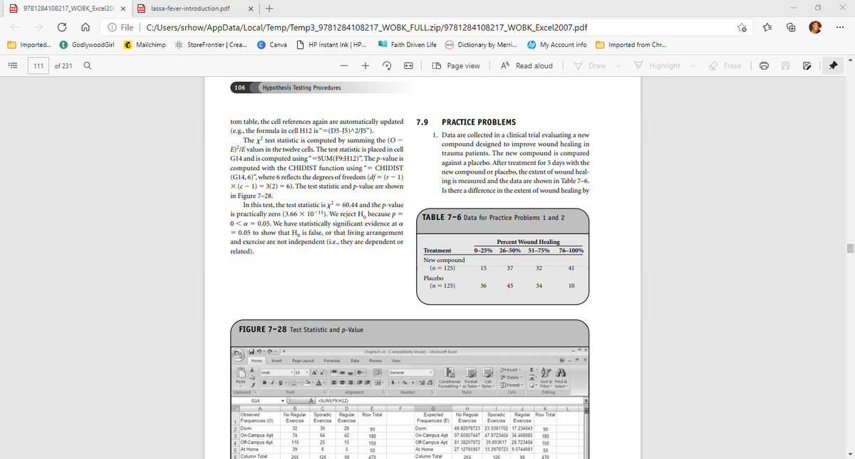 Fo 9781284108217_WOBK_Excel200 x
PoF lassa-fever-introduction.pdf
x |+
PDF
O File | C:/Users/srhow/AppData/Local/Temp/Temp3_9781284108217_WOBK_FULL.zip/9781284108217_WOBK_Excel2007.pdf
...
Imported. O GodlywoodGirl
C * StoreFrontier | Crea.
Mailchimp
Canva O HP Instant Ink | HP.
RA Faith Driven Life
(Mw) Dictionary by Merri.
bp My Account info
O Imported from Chr.
+
(D Page view | A Read aloud V Draw
F Highlight
O Erase
111
of 231
-
106
Hypothesis Testing Procedures
tom table, the cell references again are automatically updated
(e.g., the formula in cell H12 is "=(D5-J5)^2/J5").
The x test statistic is computed by summing the (0 -
E)?/E values in the twelve cells. The test statistic is placed in cell
G14 and is computed using“=SUM(F9:H12)". The p-value is
computed with the CHIDIST function using "= CHIDIST
(G14, 6)", where 6 reflects the degrees of freedom (df = (r– 1)
X (c - 1) = 3(2) = 6). The test statistic and p-value are shown
in Figure 7-28.
In this test, the test statistic is x² = 60.44 and the p-value
is practically zero (3.66 X 10-!), We reject H because p =
0 < a = 0.05. We have statistically significant evidence at a
= 0.05 to show that H, is false, or that living arrangement
and exercise are not independent (i.e., they are dependent or
7.9
PRACTICE PROBLEMS
1. Data are collected in a clinical trial evaluating a new
compound designed to improve wound healing in
trauma patients. The new compound is compared
against a placebo. After treatment for 5 days with the
new compound or placebo, the extent of wound heal-
ing is measured and the data are shown in Table 7–6.
Is there a difference in the extent of wound healing by
TABLE 7-6 Data for Practice Problems 1 and 2
Percent Wound Healing
related).
Treatment
26-50% 51-75%
76-100%
New compound
(n = 125)
Placebo
15
37
32
41
(n = 125)
36
45
34
10
FIGURE 7-28 Test Statistic and p-Value
Chapter7 xls (Compatibility Mode) - Microsoft Excel
Home
Insert
Page Layout
Formulas
Data
Review
View
Insert
* Delete
即Format
的
Σ
Arial
- 10
A A
General
BIU-ER
Conditional Format
Formatting - as Table Styles
Sort & Find &
2 Filter Select
Paste
BIU
Cell
Clipboard
Font
Alignment
Number
Styles
Cells
Editing
SUM(F9:H12)
C D E
Sporadic
Exercise Exercise
G14
J
Sporadic
Exercise
K L
Regular Row Total
Exercise
B
G
H
No Regular
Exercise
Row Total
Observed
1 Frequencies (0)
2 Dorm
3 On-Campus Apt
4 Off-Campus Apt
5 At Home
6 Column Total
Regular
Expected
Frequencies (E)
No Regular
Exercise
32
30
28
90
Dorm
48.82978723 23.9361702 17.234043
90
On-Campus Apt 97.65967447 47.8723404 34.468085
Of-Campus Apt 81.38297872 39.893617 28.723404
At Home
74
64
42
180
180
110
25
15
150
150
39
6
50
27.12765957 13.2978723 9.5744681
50
255
125
90
479
Column Total
255
125
479
