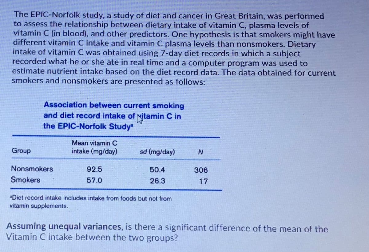 The EPIC-Norfolk study, a study of diet and cancer in Great Britain, was performed
to assess the relationship between dietary intake of vitamin C, plasma levels of
vitamin C (in blood), and other predictors. One hypothesis is that smokers might have
different vitamin C intake and vitamin C plasma levels than nonsmokers. Dietary
intake of vitamin C was obtained using 7-day diet records in which a subject
recorded what he or she ate in real time and a computer program was used to
estimate nutrient intake based on the diet record data. The data obtained for current
smokers and nonsmokers are presented as follows:
Association between current smoking
and diet record intake of nitamin C in
the EPIC-Norfolk Study
Mean vitamin C
intake (mg/day)
sd (mg/day)
Group
Nonsmokers
92.5
50.4
306
Smokers
57.0
26.3
17
"Diet record intake includes intake from foods but not from
vitamin supplements.
Assuming unequal variances, is there a significant difference of the mean of the
Vitamin C intake between the two groups?

