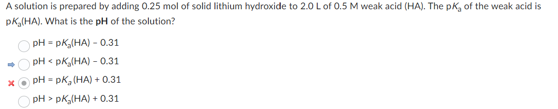 A solution is prepared by adding 0.25 mol of solid lithium hydroxide to 2.0 L of 0.5 M weak acid (HA). The pK₂ of the weak acid is
pK₂(HA). What is the pH of the solution?
C
X
pH = pK₂(HA) - 0.31
pH <pK₂(HA) - 0.31
pH = pK₂ (HA) + 0.31
pH > pK₂(HA) + 0.31
