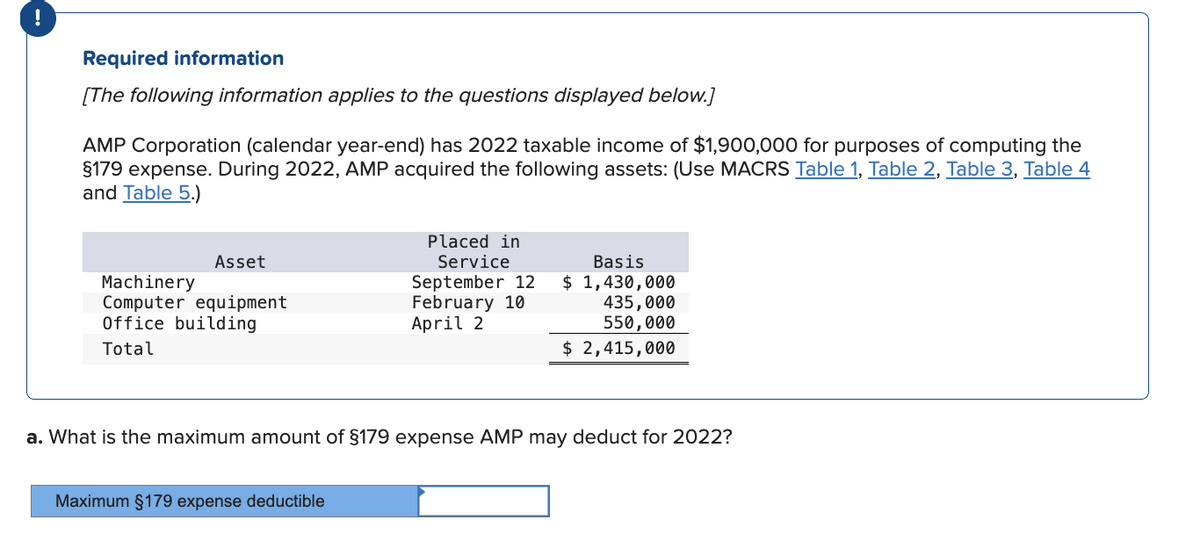 !
Required information
[The following information applies to the questions displayed below.]
AMP Corporation (calendar year-end) has 2022 taxable income of $1,900,000 for purposes of computing the
§179 expense. During 2022, AMP acquired the following assets: (Use MACRS Table 1, Table 2, Table 3, Table 4
and Table 5.)
Asset
Machinery
Computer equipment
Placed in
Service
September 12
February 10
Basis
$ 1,430,000
Office building
Total
April 2
435,000
550,000
$ 2,415,000
a. What is the maximum amount of $179 expense AMP may deduct for 2022?
Maximum §179 expense deductible
