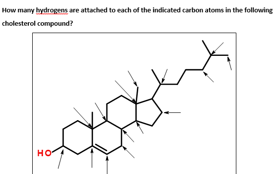 How many hydrogens are attached to each of the indicated carbon atoms in the f
cholesterol compound?
