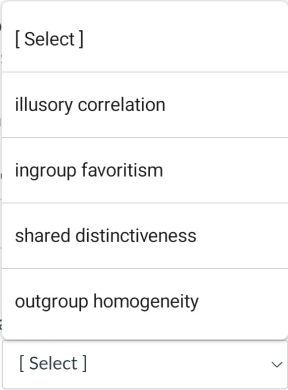 [Select]
illusory correlation
ingroup favoritism
shared distinctiveness
outgroup homogeneity
[Select]