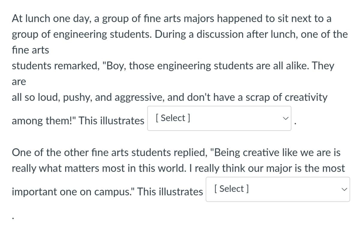 At lunch one day, a group of fine arts majors happened to sit next to a
group of engineering students. During a discussion after lunch, one of the
fine arts
students remarked, "Boy, those engineering students are all alike. They
are
all so loud, pushy, and aggressive, and don't have a scrap of creativity
among them!" This illustrates [Select]
One of the other fine arts students replied, "Being creative like we are is
really what matters most in this world. I really think our major is the most
important one on campus." This illustrates [Select]