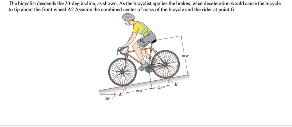 The bicyclist descends the 20-deg incline, as shown. As the bicyclist applies the brakes, what deceleration would cause the bicycle
to tip about the front wheel A? Assume the combined center of mass of the bicycle and the rider at point G.
20⁰
30 cm 12 cm
B
40 cm