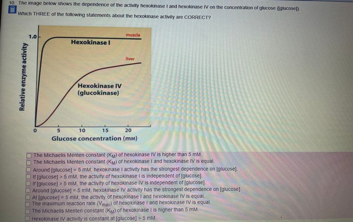 10. The image below shows the dependence of the activity hexokinase I and hexokinase IV on the concentration of glucose ([glucose]).-
Which THREE of the following statements about the hexokinase activity are CORRECT?
1.0-
muscle
Hexokinase I
liver
Hexokinase IV
(glucokinase)
దాతంతండిండ కరి
10
15 20
Glucose concentration (mM)
The Michaelis Menten constant (KM) of hexokinase IV is higher than 5 mM
The Michaelis Menten constant (KM) of hexokinase I and hexokinase IV is equal.
Around [glucose] = 5 mM, hexokinase I activity has the strongest dependence on [glucose].
If [glucose] > 5 mM, the activity of hexokinase I is independent of [glucose].
If [glucose] > 5 mM, the activity of hexokinase IV is independent of [glucose].
Around [glucose] = 5 mM, hexokinase IV activity has the strongest dependence on [glucose].
At [glucose] = 5 mM, the activity of hexokinase I and hexokinase IV is equal.
The maximum reaction rate (V) of hexokinase I and hexokinase IV is equal.
The Michaelis Menten constant (KM) of hexokinase I is higher than 5 mM.
Hexokinase IV activity is constant at [glucose] > 5 mM.
max
Relative enzyme activity
