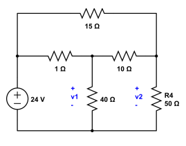 (+1)
www
10
24 V
15 Ω
ww
ww
10 Ω
40 Ω
v2
R4
50 Ω