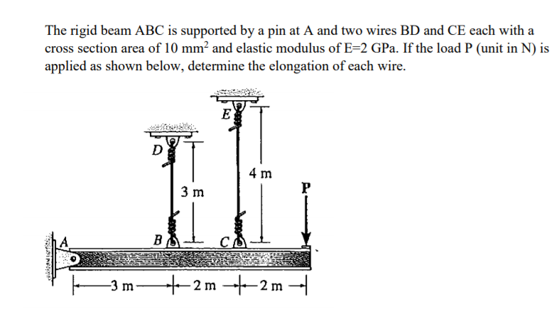 The rigid beam ABC is supported by a pin at A and two wires BD and CE each with a
cross section area of 10 mm? and elastic modulus of E=2 GPa. If the load P (unit in N) is
applied as shown below, determine the elongation of each wire.
E
D
4 m
3 m
P
B
-3 m
-2m -2 m -
