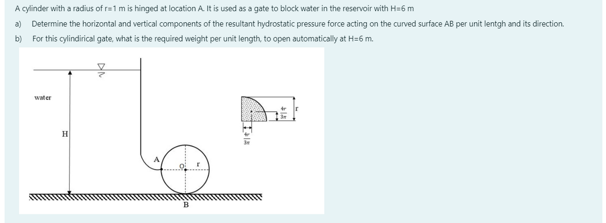 A cylinder with a radius of r=1 m is hinged at location A. It is used as a gate to block water in the reservoir with H=6 m
a)
Determine the horizontal and vertical components of the resultant hydrostatic pressure force acting on the curved surface AB per unit lentgh and its direction.
b)
For this cylindirical gate, what is the required weight per unit length, to open automatically at H=6 m.
water
A
