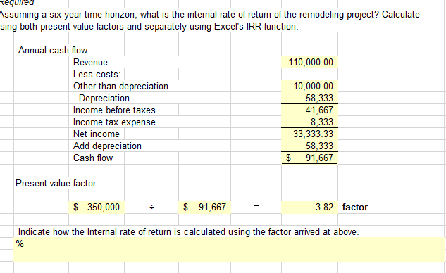 Required
Assuming a six-year time horizon, what is the internal rate of return of the remodeling project? Calculate
sing both present value factors and separately using Excel's IRR function.
Annual cash flow:
Revenue
Less costs:
Other than depreciation
Depreciation
Income before taxes
Income tax expense
Net income
Add depreciation
Cash flow
Present value factor:
$ 350,000
+
$ 91,667
=
110,000.00
$
10,000.00
58,333
41,667
8,333
33,333.33
58,333
91,667
3.82 factor
Indicate how the Internal rate of return is calculated using the factor arrived at above.
%