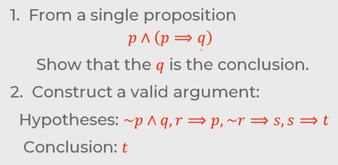 1. From a single proposition
p^ (p⇒ q)
Show that the q is the conclusion.
2. Construct a valid argument:
Hypotheses: ~p ^ q, r⇒p, ~r⇒s, s⇒ t
Conclusion: t