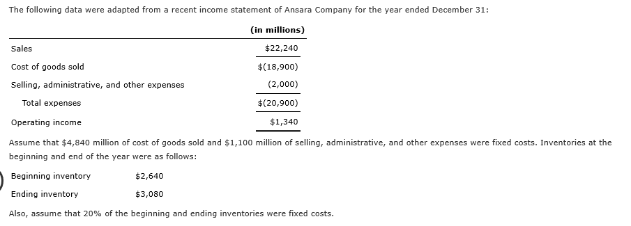 The following data were adapted from a recent income statement of Ansara Company for the year ended December 31:
(in millions)
$22,240
Sales
$(18,900)
(2,000)
Cost of goods sold
Selling, administrative, and other expenses
$(20,900)
Total expenses
Operating income
$1,340
Assume that $4,840 million of cost of goods sold and $1,100 million of selling, administrative, and other expenses were fixed costs. Inventories at the
beginning and end of the year were as follows:
Beginning inventory
Ending inventory
$2,640
$3,080
Also, assume that 20% of the beginning and ending inventories were fixed costs.

