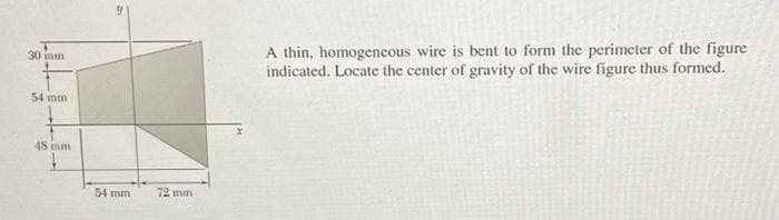 30 mm
54 mm
48 mm
54 mm
72 mm
A thin, homogeneous wire is bent to form the perimeter of the figure
indicated. Locate the center of gravity of the wire figure thus formed.