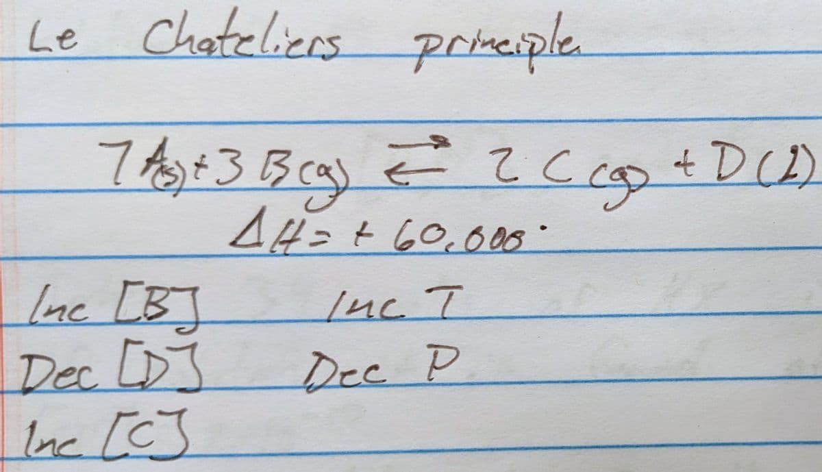 Le Chateliers principle.
7 / + 3 Beg) = 2
A#= +60,000
Inc [B]
Dec [D]
Inc [C]
€² 2 C + D (2)
до
Inc. I
Дес Р