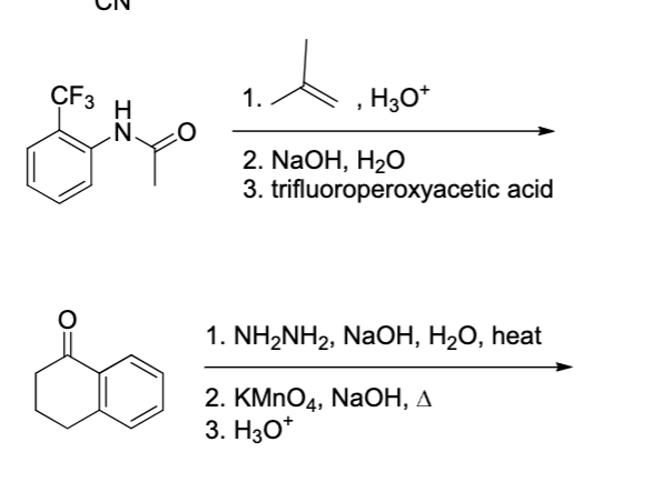 3
CF3
IZ
H
.N.
&
O
1.
, H3O+
2. NaOH, H₂O
trifluoroperoxyacetic acid
3.
1. NH2NH2, NaOH, H2O, heat
2. KMnO4, NaOH, A
3. H3O*