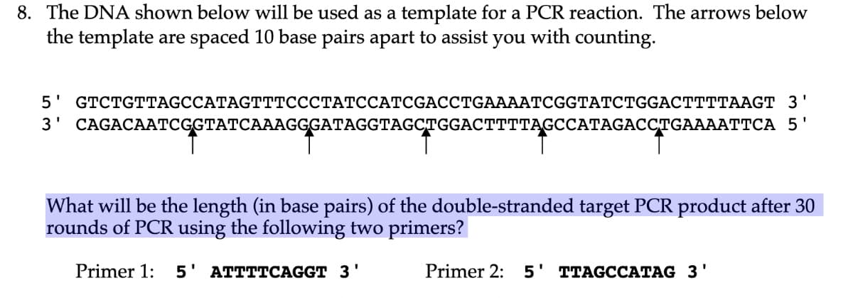 8. The DNA shown below will be used as a template for a PCR reaction. The arrows below
the template are spaced 10 base pairs apart to assist you with counting.
5 GTCTGTTAGCCATAGTTTCCCTATCCATCGACCTGAAAATCGGTATCTGGACTTTTAAGT 3'
3' CAGACAATCGGTATCAAAGGGATAGGTAGCTGGACTTTTAGCCATAGACCTGAAAATTCA 5'
What will be the length (in base pairs) of the double-stranded target PCR product after 30
rounds of PCR using the following two primers?
Primer 1: 5' ATTTTCAGGT 3'
Primer 2: 5' TTAGCCATAG 3'