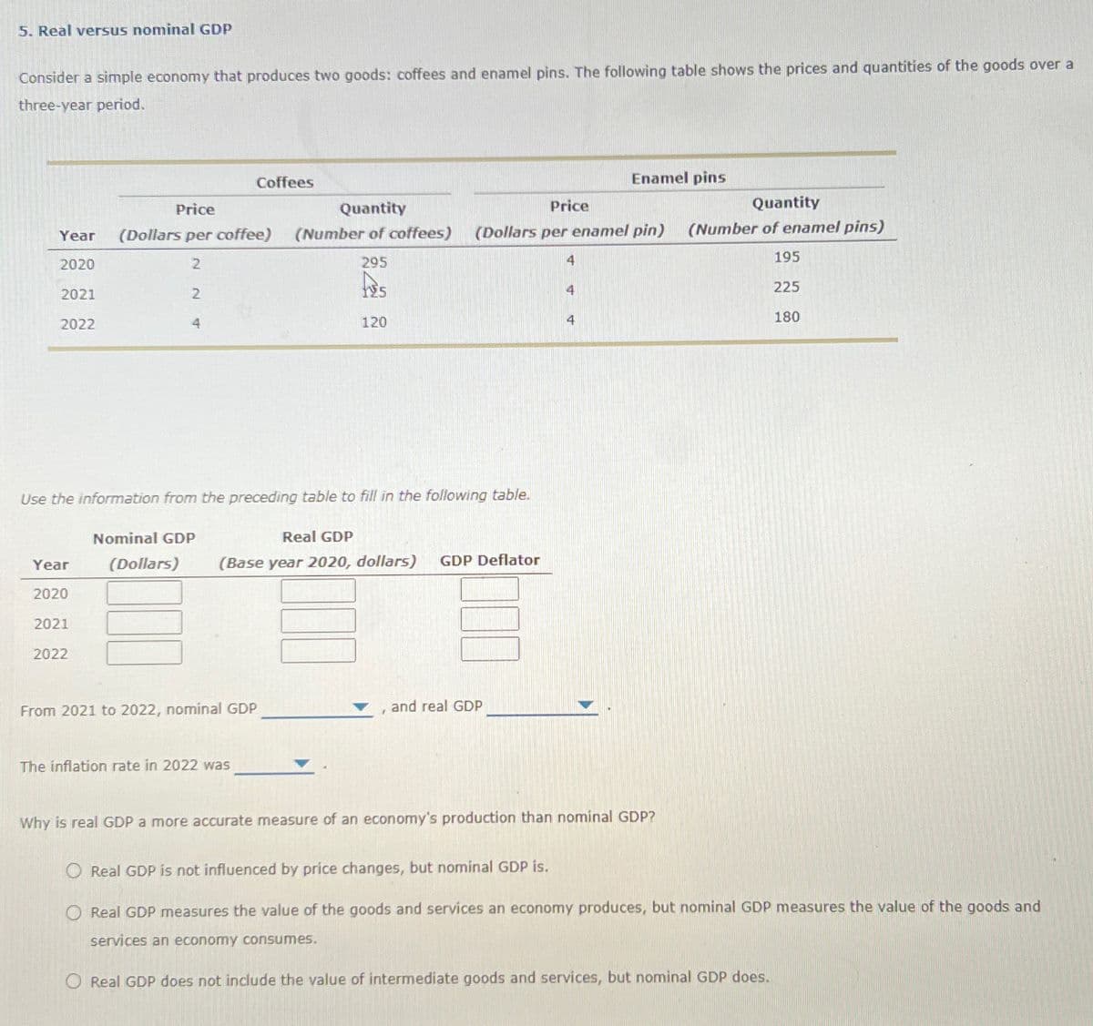 5. Real versus nominal GDP
Consider a simple economy that produces two goods: coffees and enamel pins. The following table shows the prices and quantities of the goods over a
three-year period.
Price
Year (Dollars per coffee)
2020
2
2021
2022
Year
2020
2021
2
2022
4
Coffees
Nominal GDP
(Dollars)
Use the information from the preceding table to fill in the following table.
Quantity
(Number of coffees)
295
s
From 2021 to 2022, nominal GDP
The inflation rate in 2022 was
120
Real GDP
(Base year 2020, dollars) GDP Deflator
Price
(Dollars per enamel pin)
and real GDP
4
4
Enamel pins
4
Why is real GDP a more accurate measure of an economy's production than nominal GDP?
Quantity
(Number of enamel pins)
195
225
180
Real GDP is not influenced by price changes, but nominal GDP is.
Real GDP measures the value of the goods and services an economy produces, but nominal GDP measures the value of the goods and
services an economy consumes.
O Real GDP does not include the value of intermediate goods and services, but nominal GDP does.