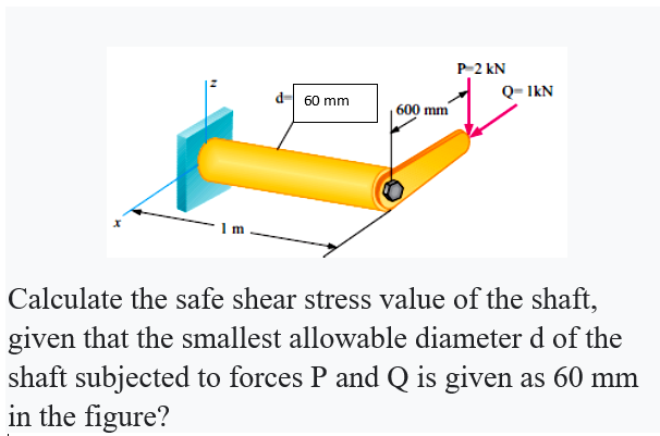 P-2 kN
d- 60 mm
Q= IkN
600 mm
1m
Calculate the safe shear stress value of the shaft,
given that the smallest allowable diameter d of the
shaft subjected to forces P and Q is given as 60 mm
in the figure?
