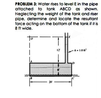 PROBLEM 3: Water rises to level E in the pipe
attached to tank ABCD as shown.
Neglecting the weight of the tank and riser
pipe, determine and locate the resultant
force acting on the bottom of the tank if it is
8 tt wide.
to
12
A-10n
