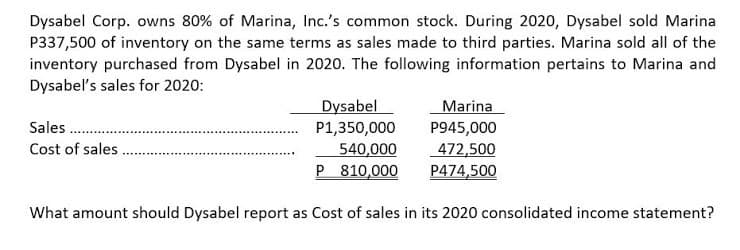 Dysabel Corp. owns 80% of Marina, Inc.'s common stock. During 2020, Dysabel sold Marina
P337,500 of inventory on the same terms as sales made to third parties. Marina sold all of the
inventory purchased from Dysabel in 2020. The following information pertains to Marina and
Dysabel's sales for 2020:
Dysabel
Marina
Sales .
P1,350,000
540,000
P945,000
472,500
P474,500
Cost of sales .
P 810,000
What amount should Dysabel report as Cost of sales in its 2020 consolidated income statement?
