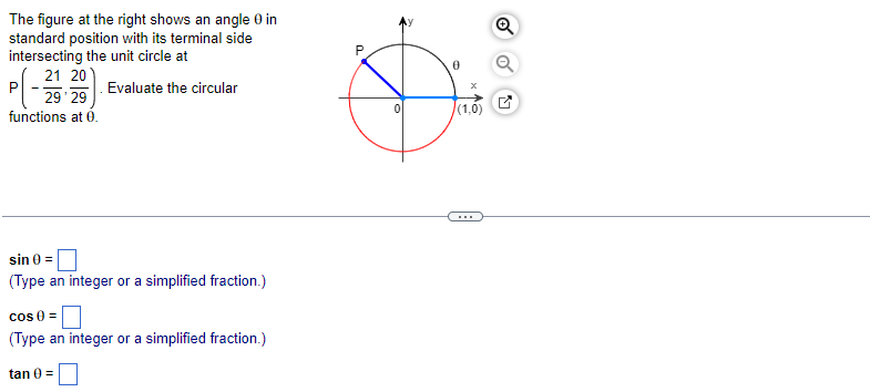 The figure at the right shows an angle 0 in
standard position with its terminal side
intersecting the unit circle at
21 20
29'29
Evaluate the circular
functions at 0.
sin 0 =
(Type an integer or a simplified fraction.)
cos 0 =
(Type an integer or a simplified fraction.)
tan 0 =
U
0