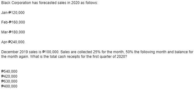 Black Corporation has forecasted sales in 2020 as follows:
Jan-120,000
Feb-P160,000
Mar-P180,000
Apr-P240,000.
December 2019 sales is P100,000. Sales are collected 25% for the month, 50% the following month and balance for
the month again. What is the total cash receipts for the first quarter of 2020?
P540,000
9420,000
P630,000
9400,000
