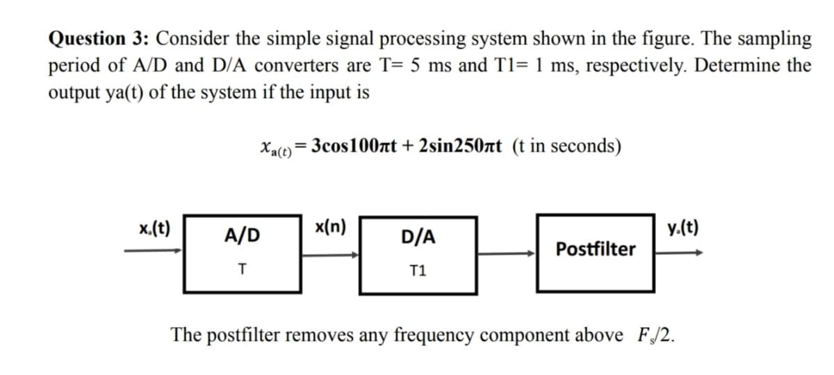 Question 3: Consider the simple signal processing system shown in the figure. The sampling
period of A/D and D/A converters are T= 5 ms and T1= 1 ms, respectively. Determine the
output ya(t) of the system if the input is
Xa(t) = 3cos100nt + 2 sin250xt (t in seconds)
x.(t)
A/D
T
x(n)
D/A
T1
Postfilter
y.(t)
The postfilter removes any frequency component above F/2.