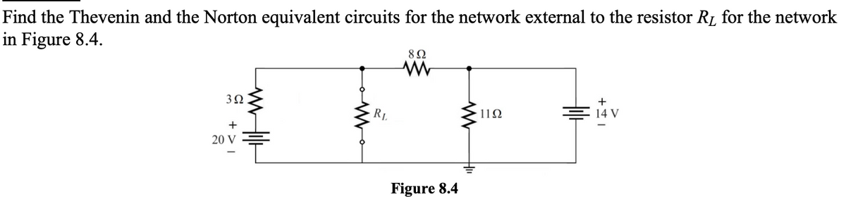 Find the Thevenin and the Norton equivalent circuits for the network external to the resistor RL for the network
in Figure 8.4.
302
RL
+ >1
20 V
8Ω
ww
Figure 8.4
+
1192
14 V