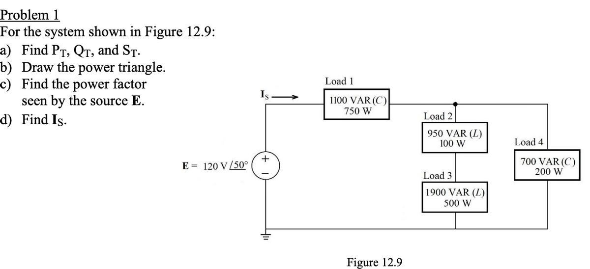 Problem 1
For the system shown in Figure 12.9:
a) Find PT, QT, and ST.
b) Draw the power triangle.
c) Find the power factor
seen by the source E.
d) Find Is.
+
E 120 V/50°
Load 1
1100 VAR (C)
750 W
Load 2
950 VAR (L)
100 W
Load 4
700 VAR (C)
200 W
Load 3
Figure 12.9
1900 VAR (L)
500 W