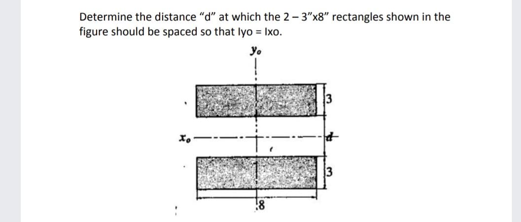 Determine the distance "d" at which the 2 - 3"x8" rectangles shown in the
figure should be spaced so that lyo = Ixo.
Yo
3
