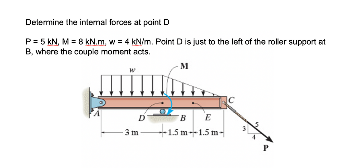 Determine the internal forces at point D
4 kN/m. Point D is just to the left of the roller support at
P = 5 kN, M = 8 kN.m, w =
B, where the couple moment acts.
w www
M
|C
D
E
3 m
-1.5 m--1.5 m -
